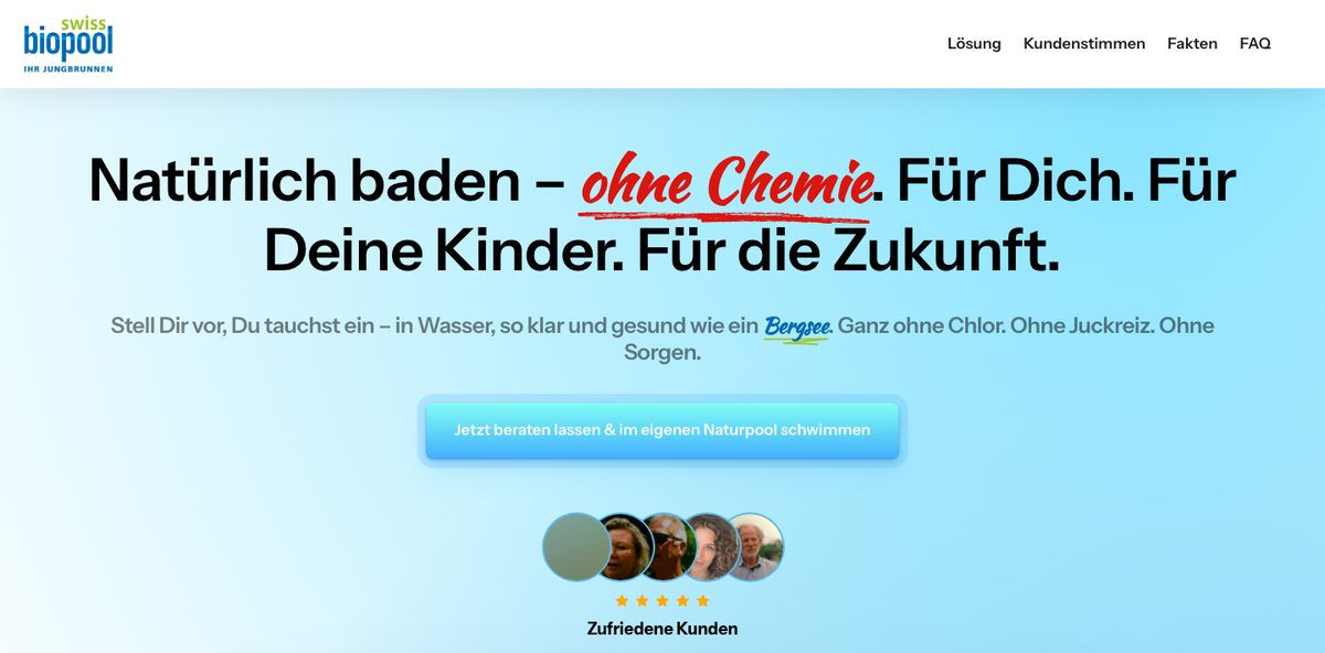Landingpage von SwissBioPool: Naturpool ohne Chemie, mit Beratungs-Button und Kundenstimmen