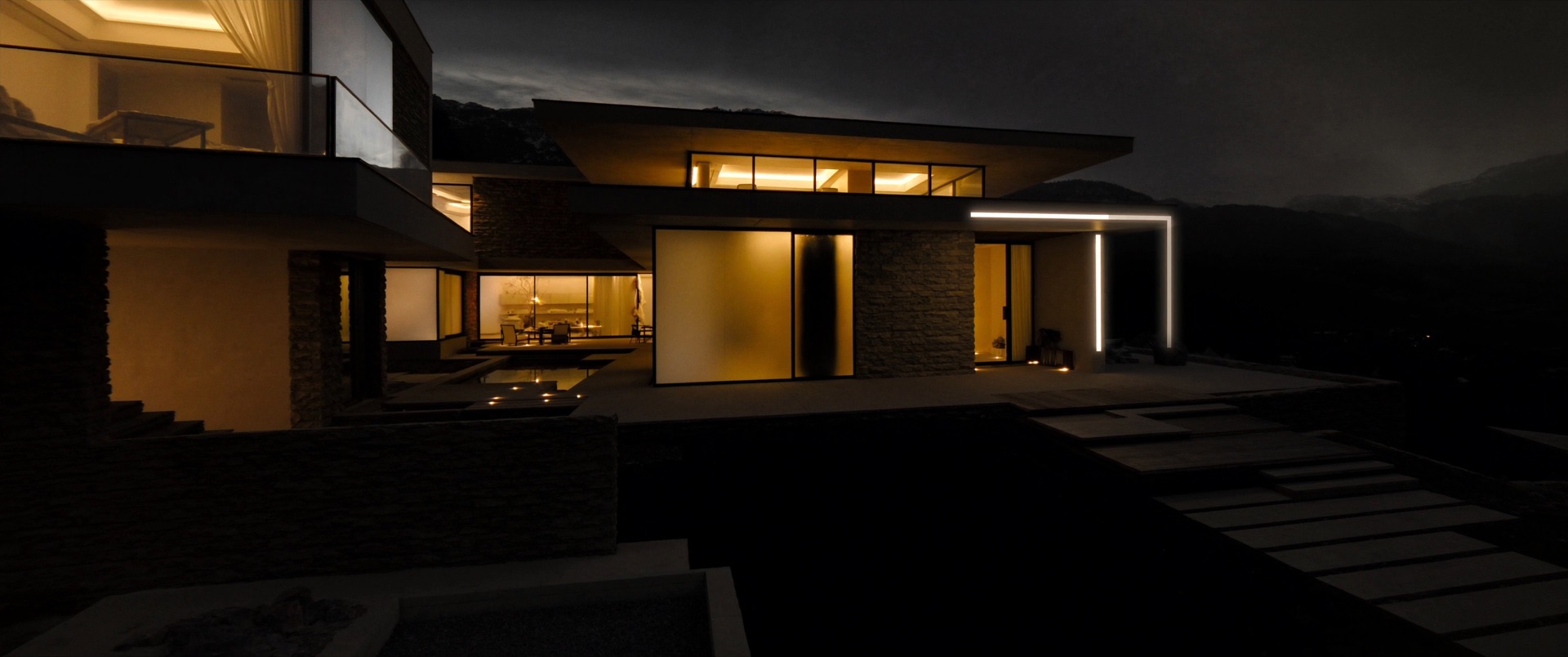 Moderne Schweizer Villa in der Abenddämmerung mit warm beleuchteten Glasfronten